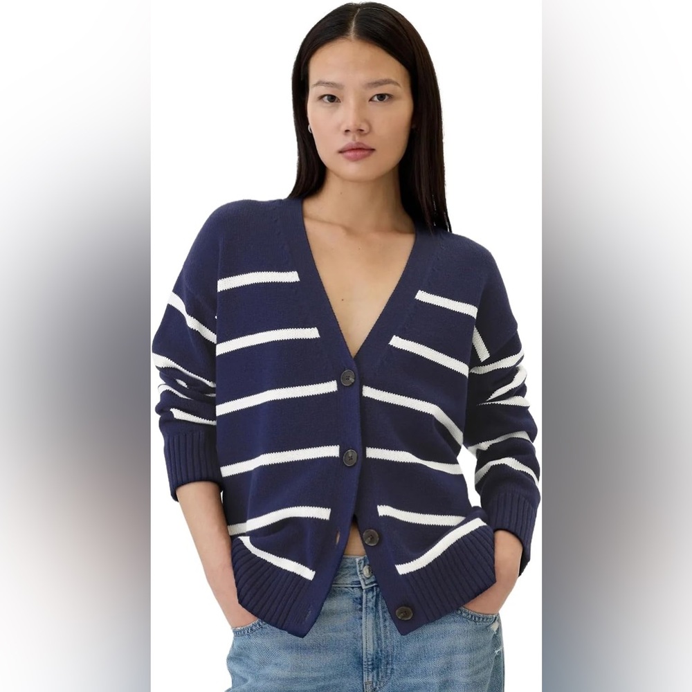GAP Boyfriend Cardigan Navy Ivory Stripe M